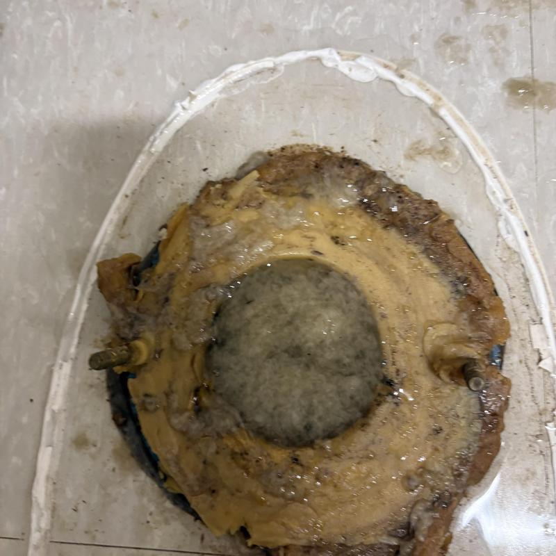 Toilet flange with water damage and sealant buildup Toilet flange with water damage and sealant buildup