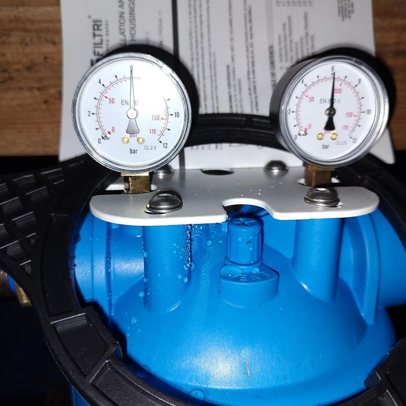 Single canister water filter with pressure gauges Single canister water filter with pressure gauges