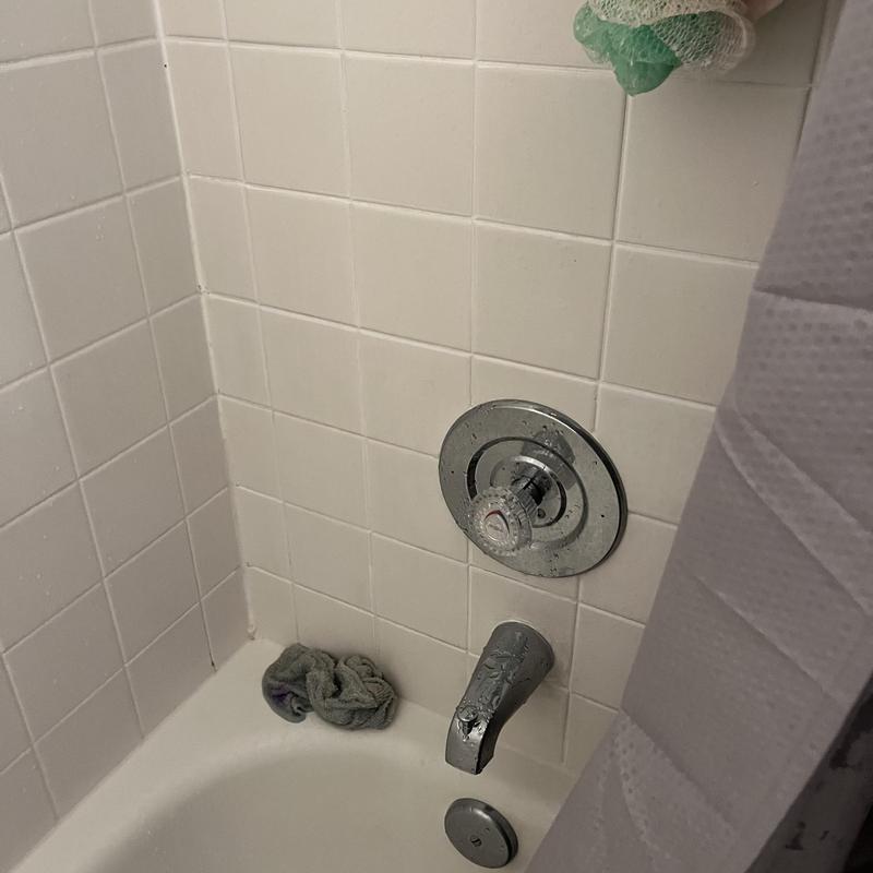 Bathtub faucet and shower valve in tiled bathroom