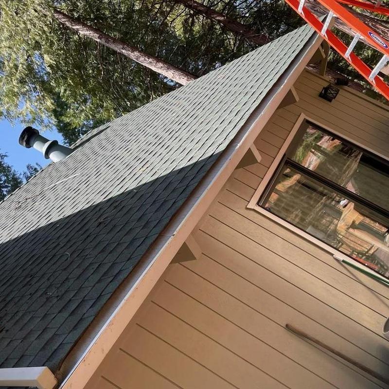 Steel seamless gutters with leaf blaster guards on cabin roof