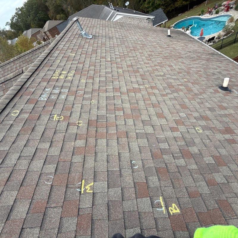 Asphalt shingle roof with hail damage marks