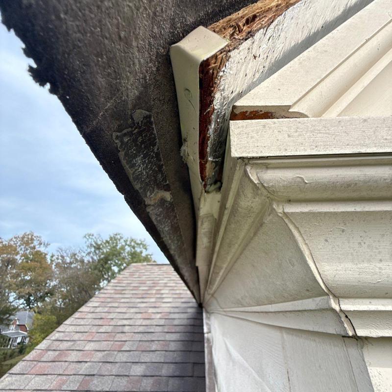Wood fascia board and gutter damage near roof edge
