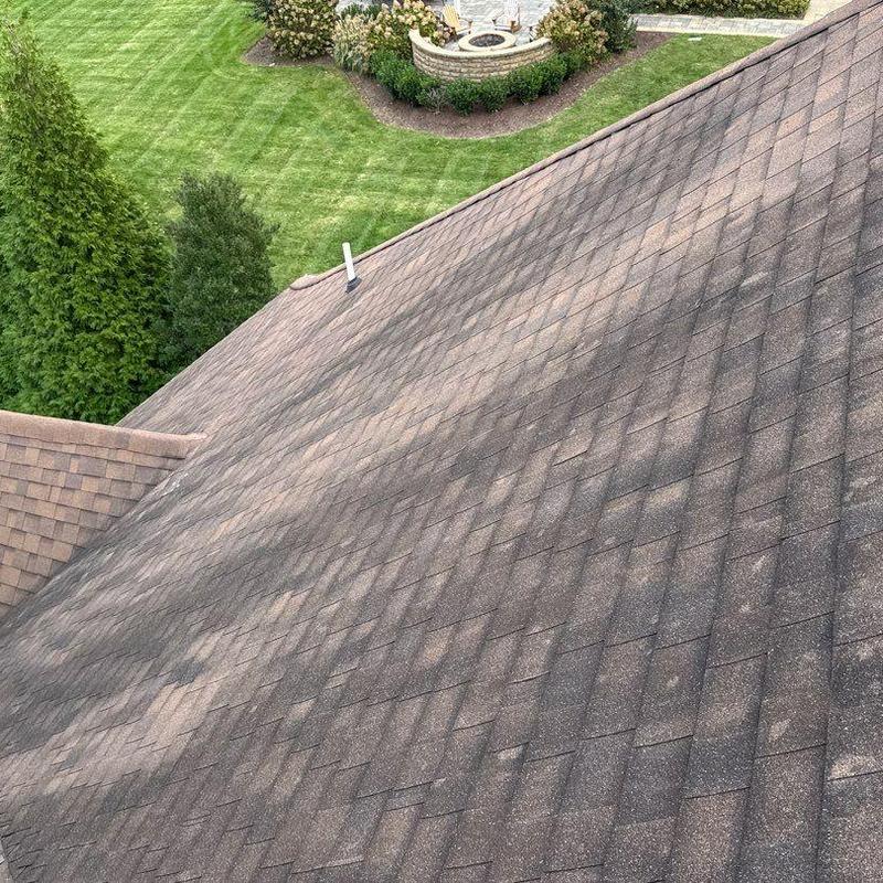 Asphalt roof shingles with visible hail damage spots