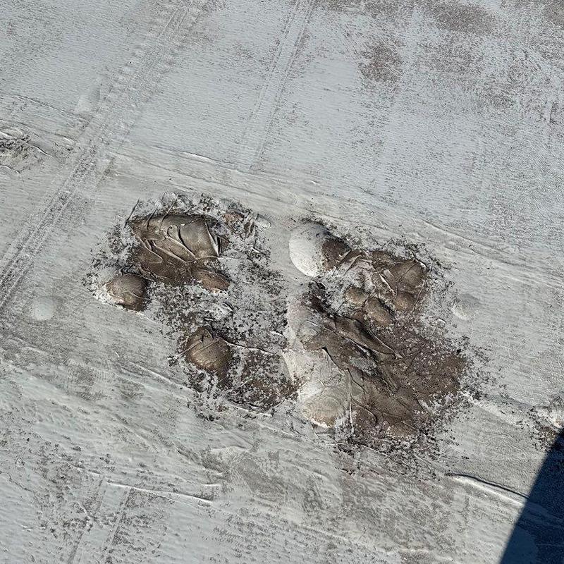 Roof membrane with hail damage and wear marks