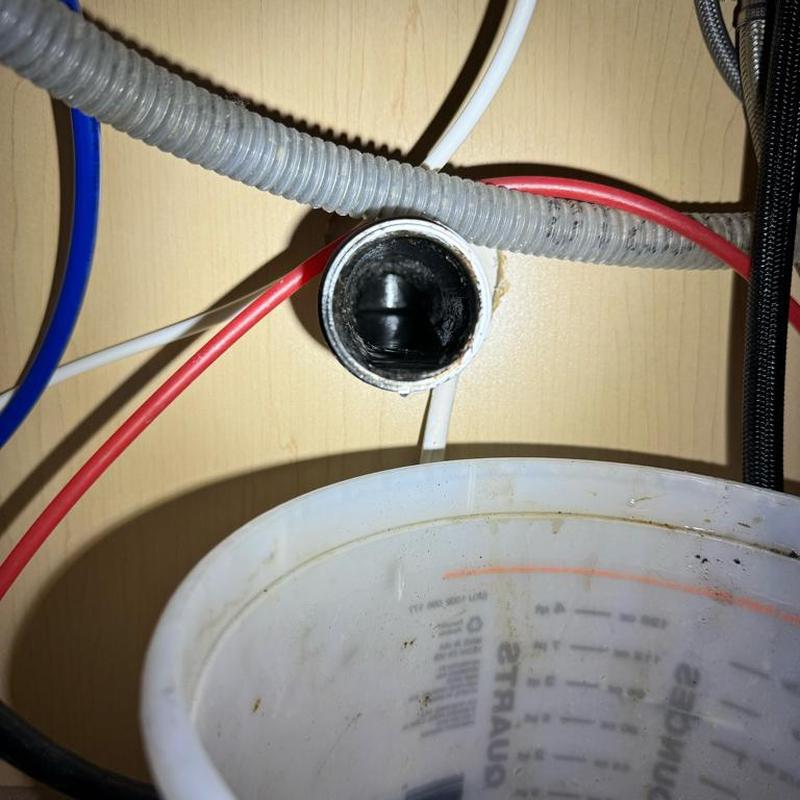 Kitchen sink drain pipe with bucket below under sink