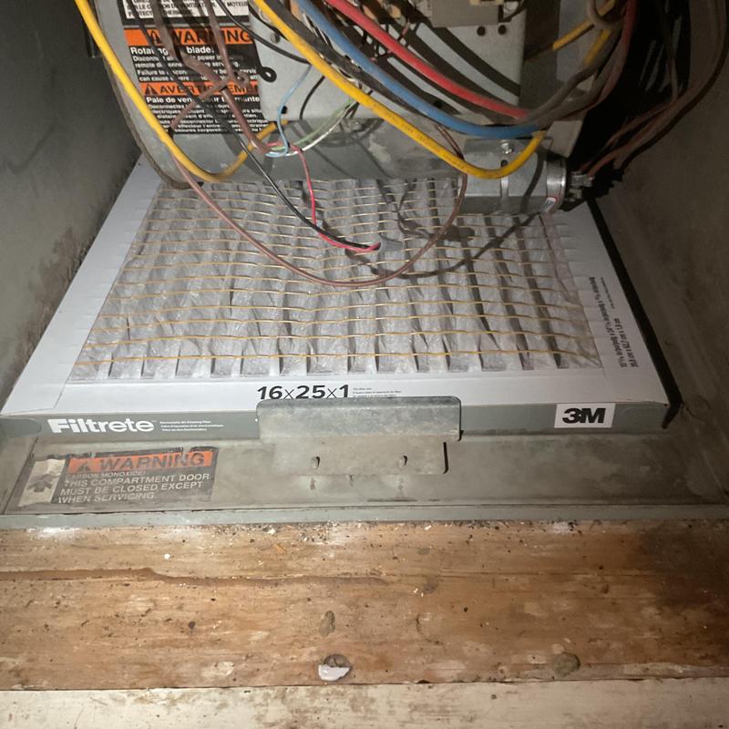 Air handler air filter with wiring and warning label