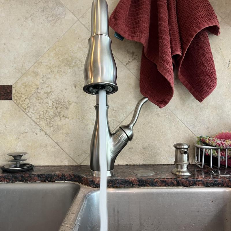 Delta kitchen faucet with running water and towel