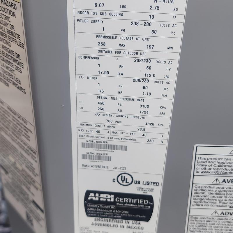 Carrier CA13NA042A air conditioner specs label