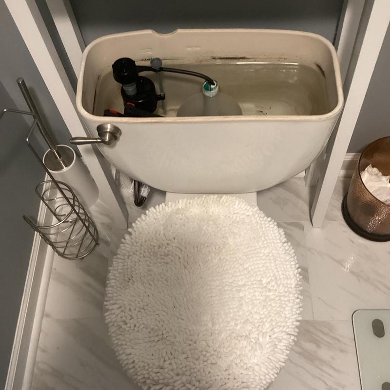 Toilet tank interior with fill valve and flush mechanism