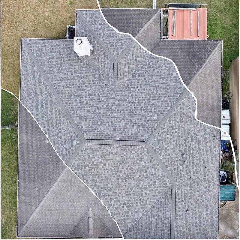 Architectural shingle roof with partial replacement areas outlined