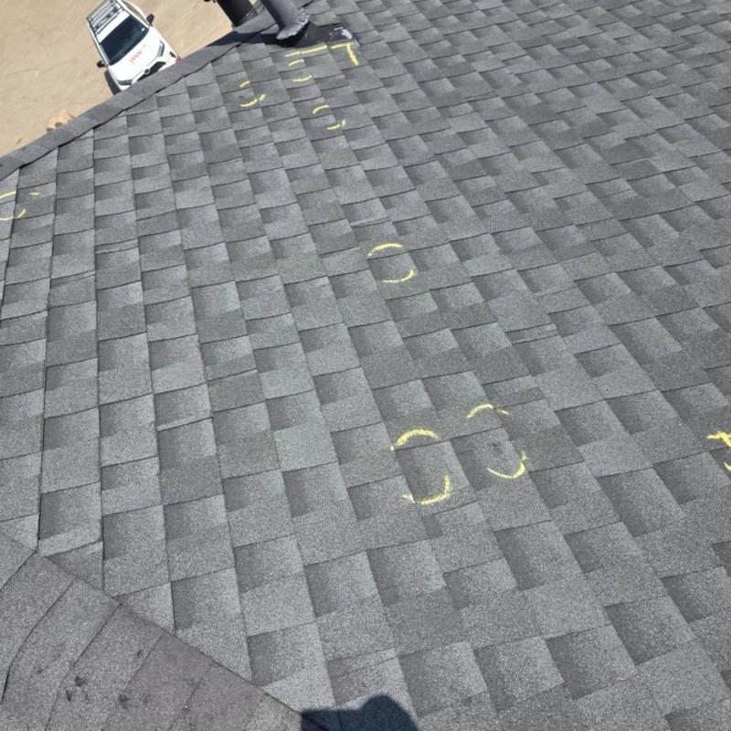 Asphalt shingle roof with hail damage markings