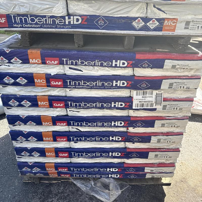 GAF Timberline HDZ roofing shingles stacked on pallet