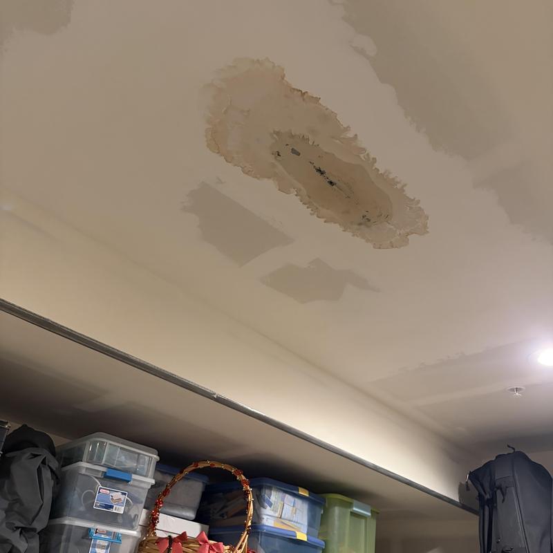 Pex water line leak damage on ceiling with storage bins