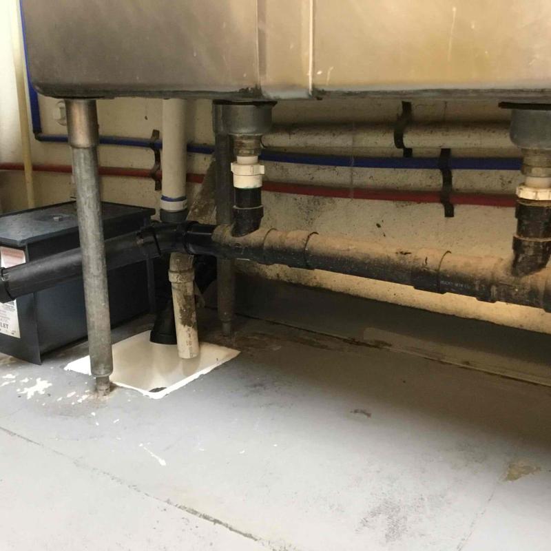 Under sink grease trap plumbing and floor drain connection