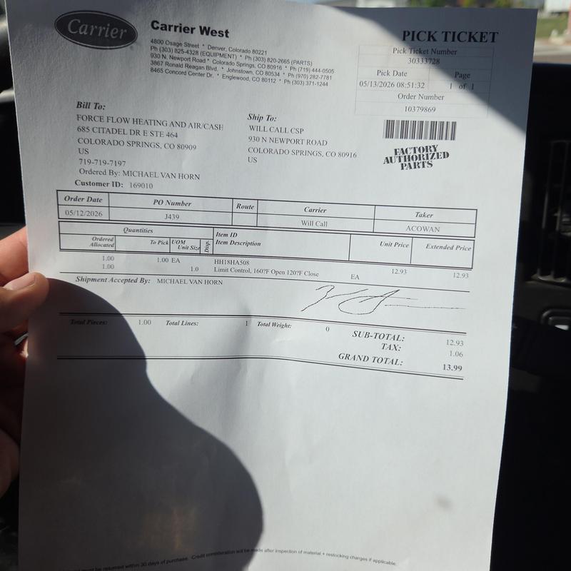 Limit control pick ticket for HVAC system parts