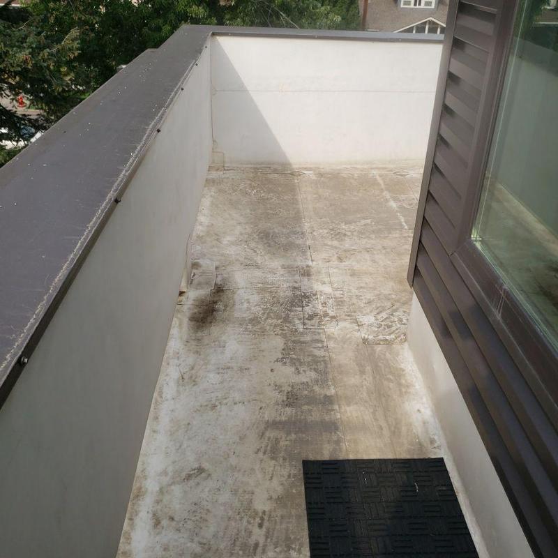 TPO flat roof surface with railing and window TPO flat roof surface with railing and window