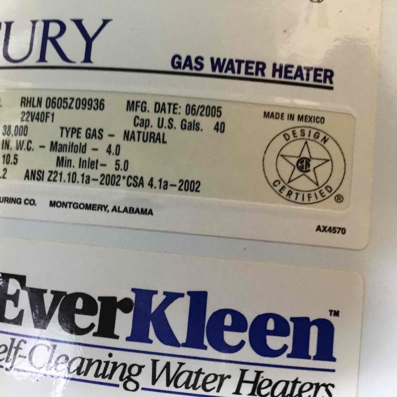 Gas water heater label showing model and certification