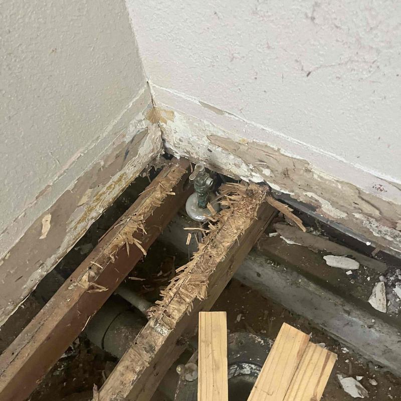 Shower valve and plumbing under floor joists damage Shower valve and plumbing under floor joists damage