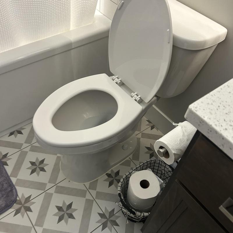 Toilet with open lid near tub and vanity