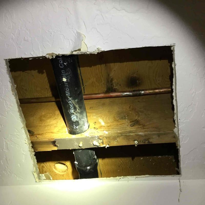 12 copper pipe with nail puncture in ceiling opening