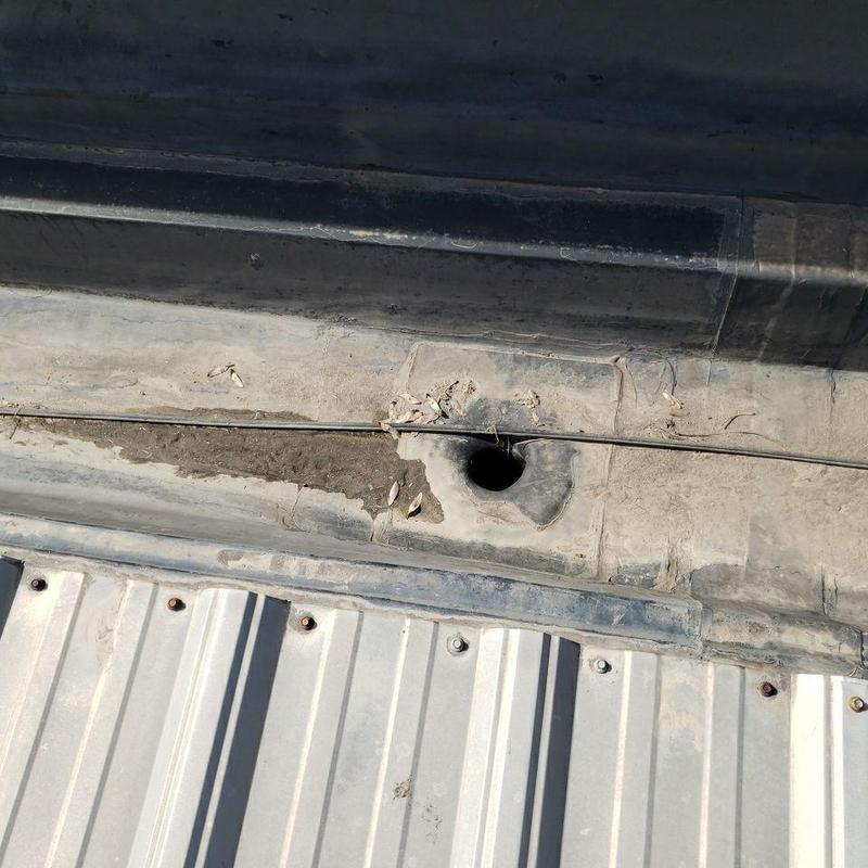 Metal roof gutter with drain hole and debris buildup