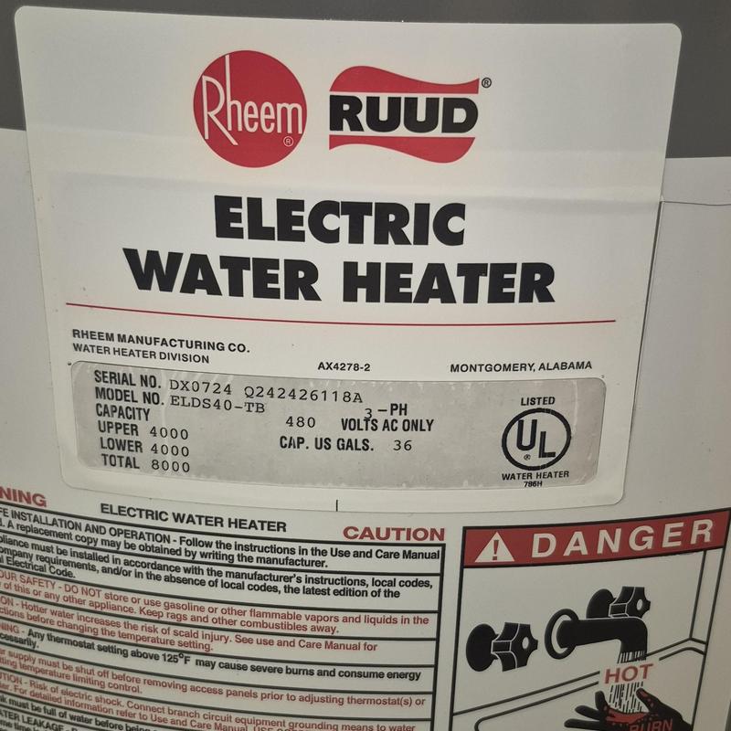 Electric water heater label and specifications Electric water heater label and specifications