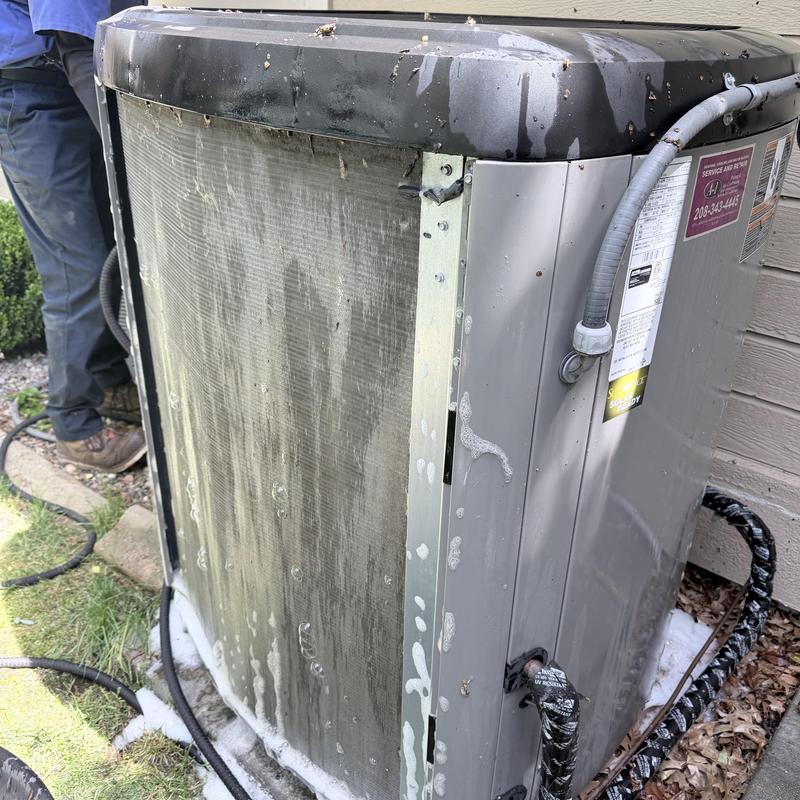 Outdoor condenser coil cleaning on AC unit in Boise Outdoor condenser coil cleaning on AC unit in Boise