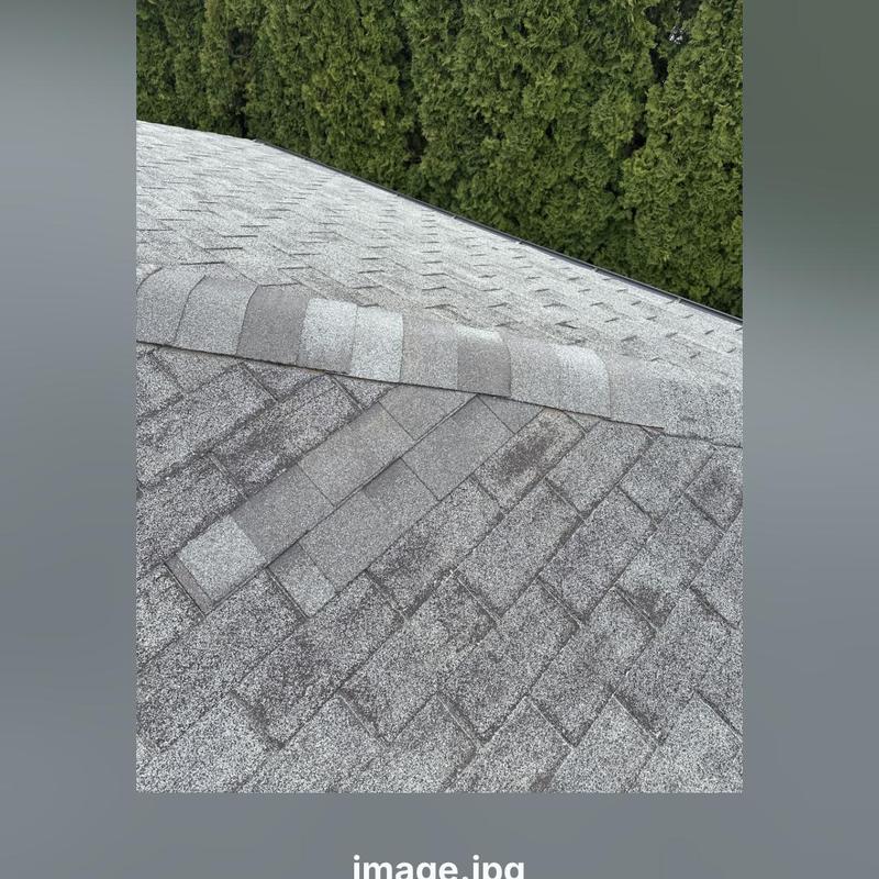 Roof ridge shingles with wind damage repair
