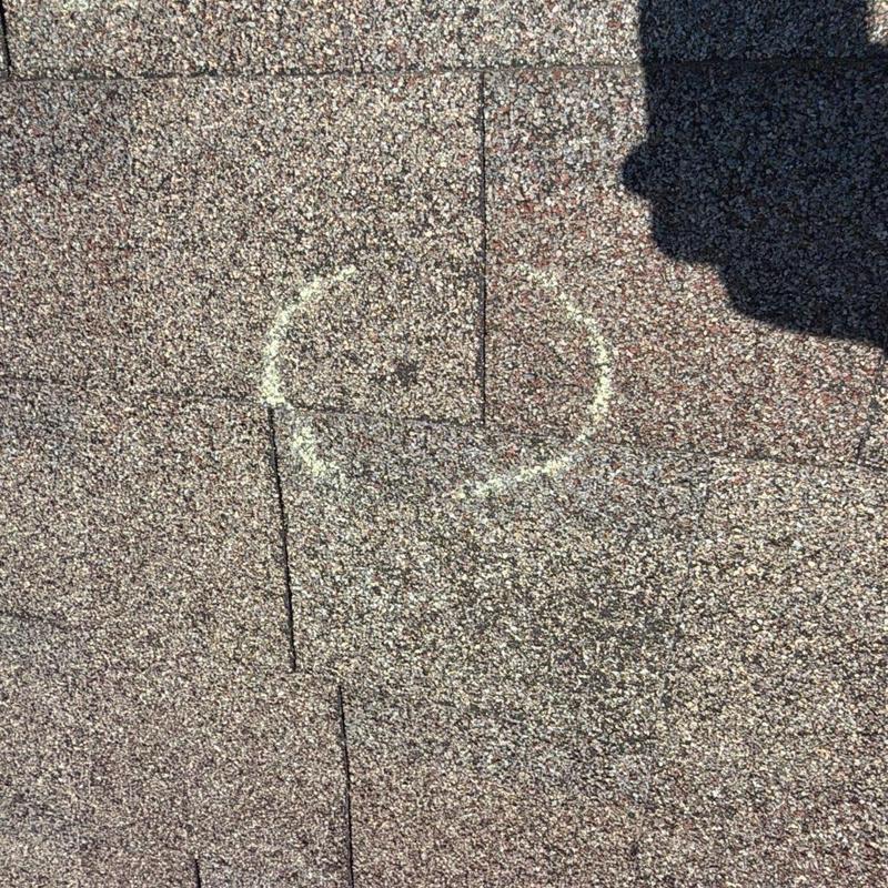 Asphalt shingle roof with hail damage marking