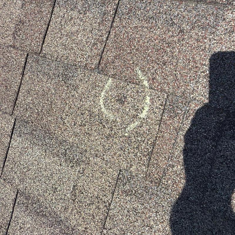 Asphalt shingles with chalk-marked storm damage