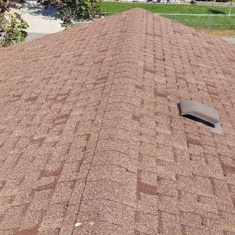 Asphalt shingle roof with vent and minor wear details