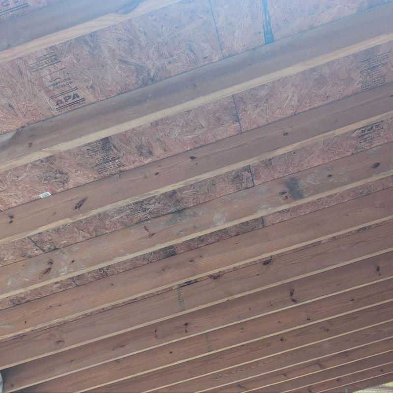 Roof deck framing with wood joists and plywood sheathing Roof deck framing with wood joists and plywood sheathing