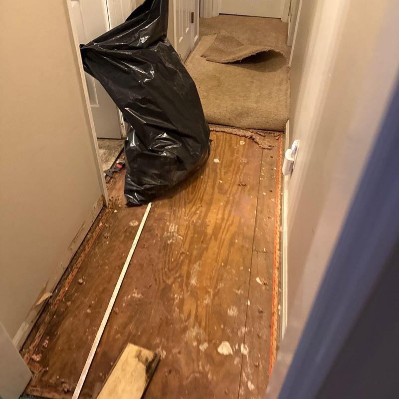 Subfloor exposed with removed carpet in hallway