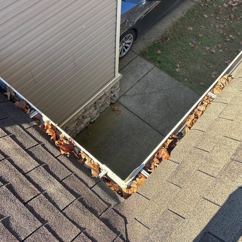Gutter system with leaf blockage on roof corner