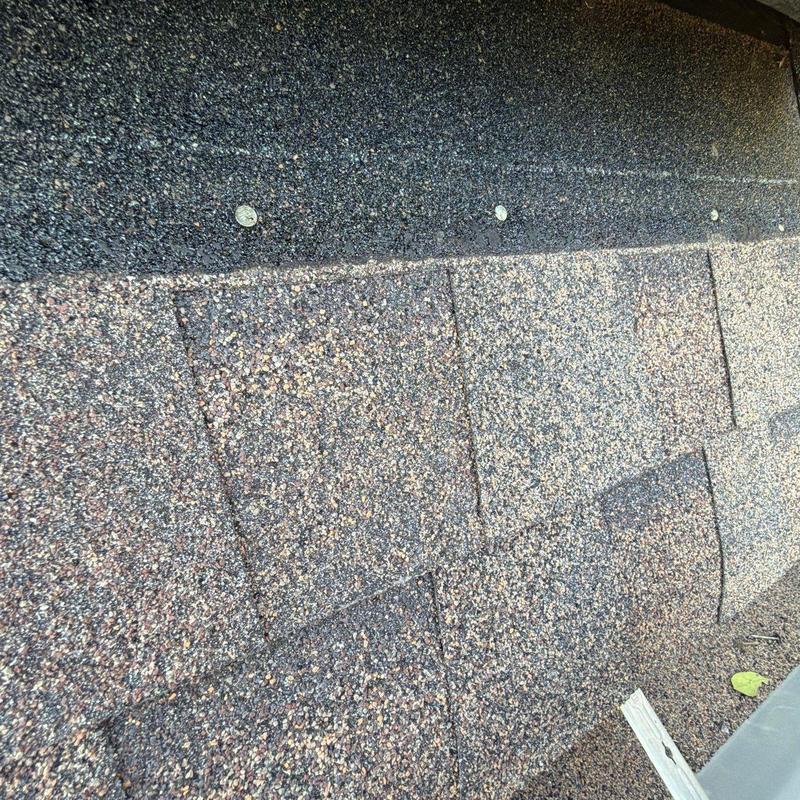Asphalt shingle roof with hail damage and nail heads visible