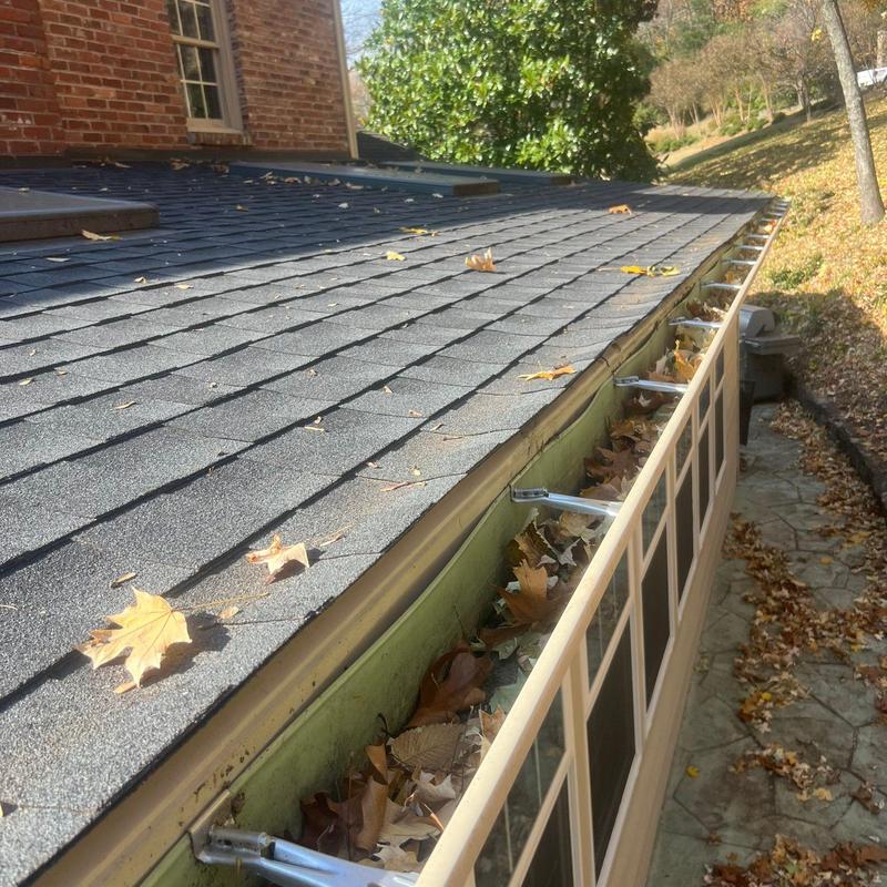 Asphalt shingle roof and gutter filled with leaves
