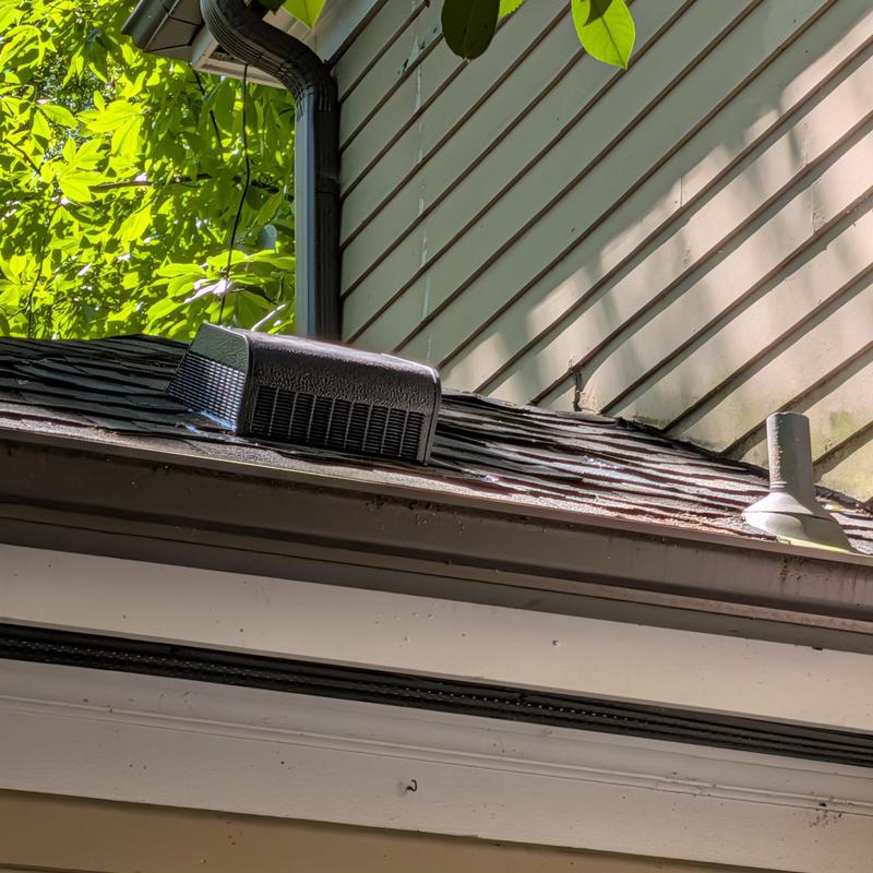 Roof vent with squirrel damage on shingle roof edge