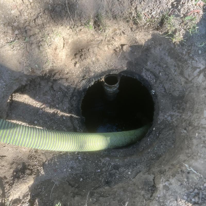 Septic tank inlet excavation and pump out hose inserted
