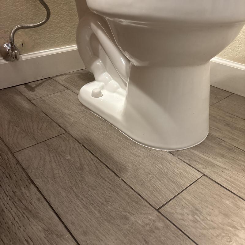 Toilet base with flange repair on wood-look tile floor Toilet base with flange repair on wood-look tile floor