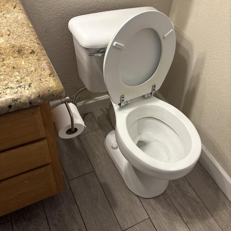 Toilet with open lid and minor flange repair Toilet with open lid and minor flange repair