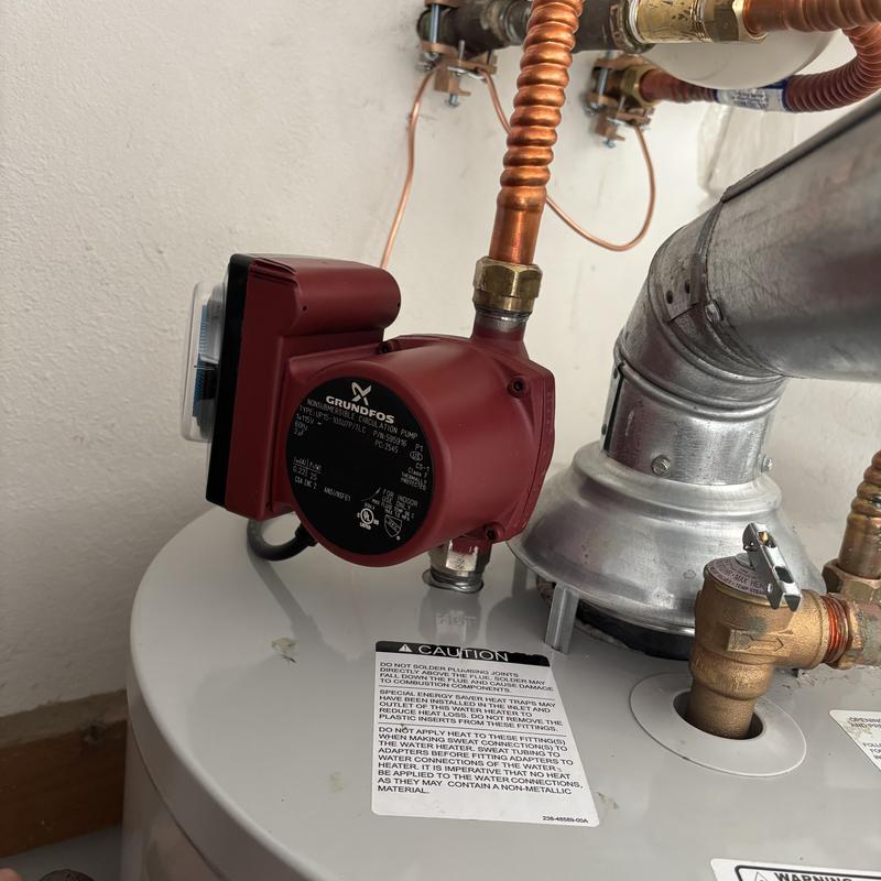 Grundfos recirculating pump installed on water heater Grundfos recirculating pump installed on water heater