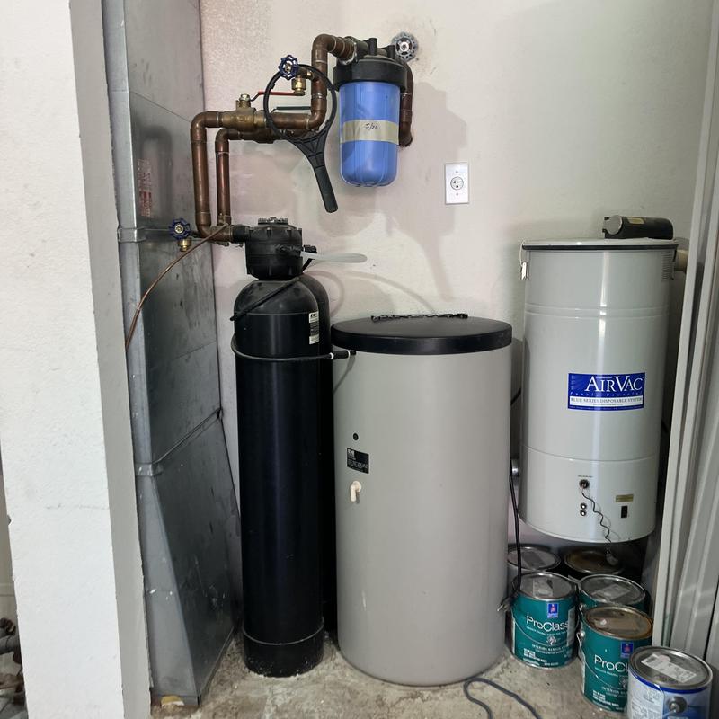 Water softener system with brine tank and filter components