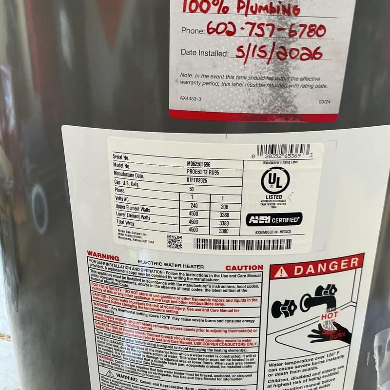 50 Gallon Electric Water Heater with Warranty Label 50 Gallon Electric Water Heater with Warranty Label