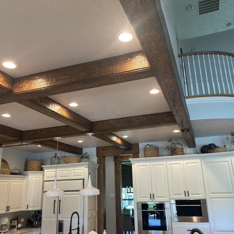 Kitchen recessed can lights with wooden beams