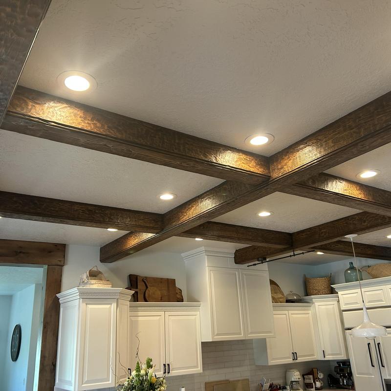Kitchen recessed can lights with wood ceiling beams