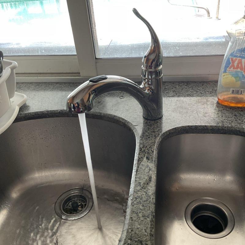 Moen kitchen faucet with water running in sink