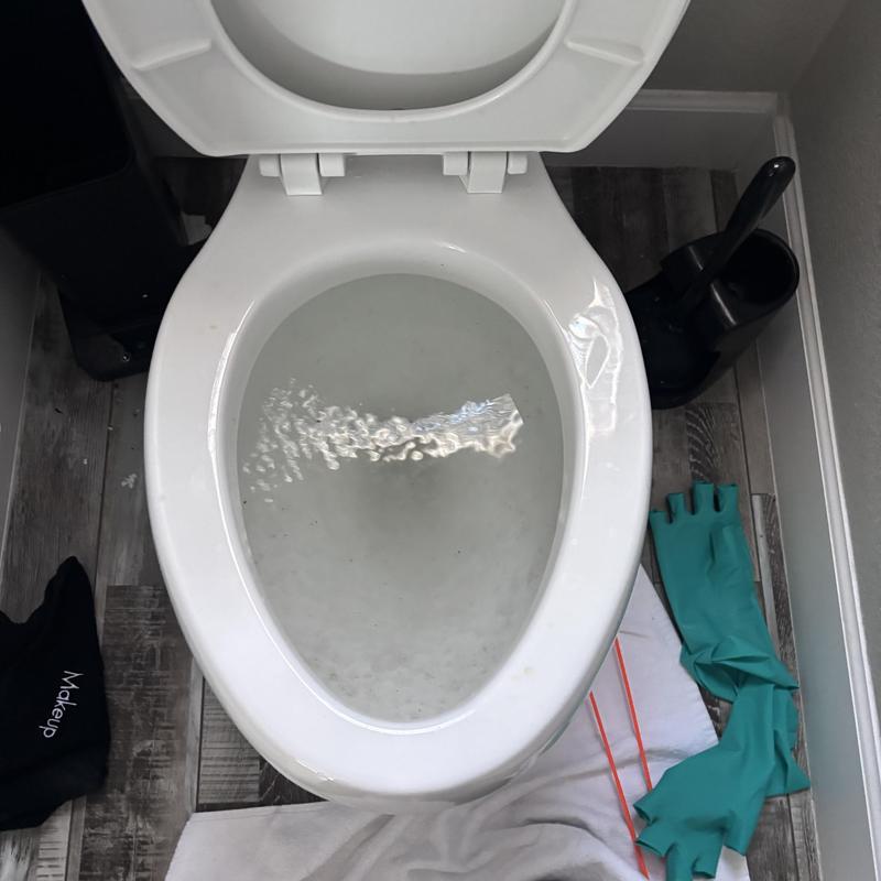 Toilet bowl with auger and cleaning gloves nearby Toilet bowl with auger and cleaning gloves nearby