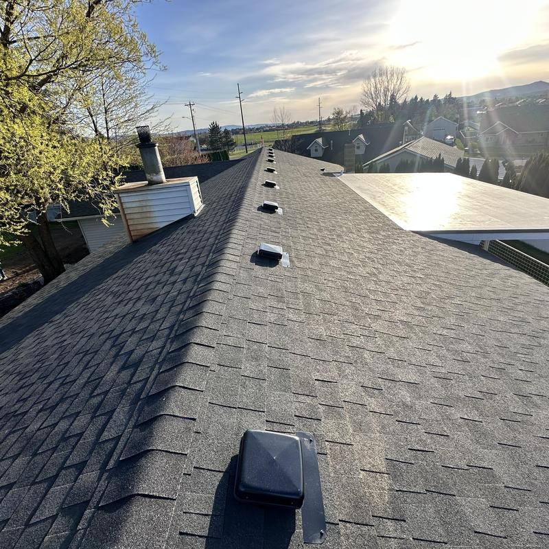 Asphalt shingle roof with new vent caps in sunlight Asphalt shingle roof with new vent caps in sunlight