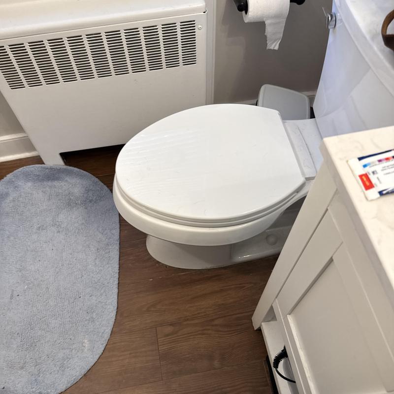 Comfort height Kohler toilet with closed lid and wooden floor Comfort height Kohler toilet with closed lid and wooden floor