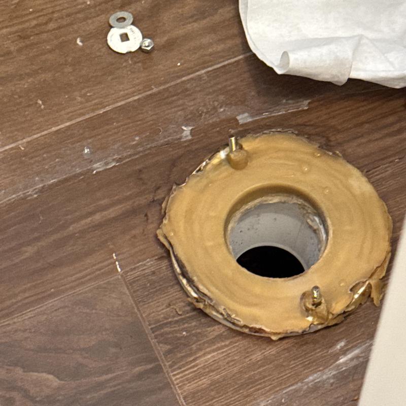 Toilet wax ring and flange on bathroom floor Toilet wax ring and flange on bathroom floor